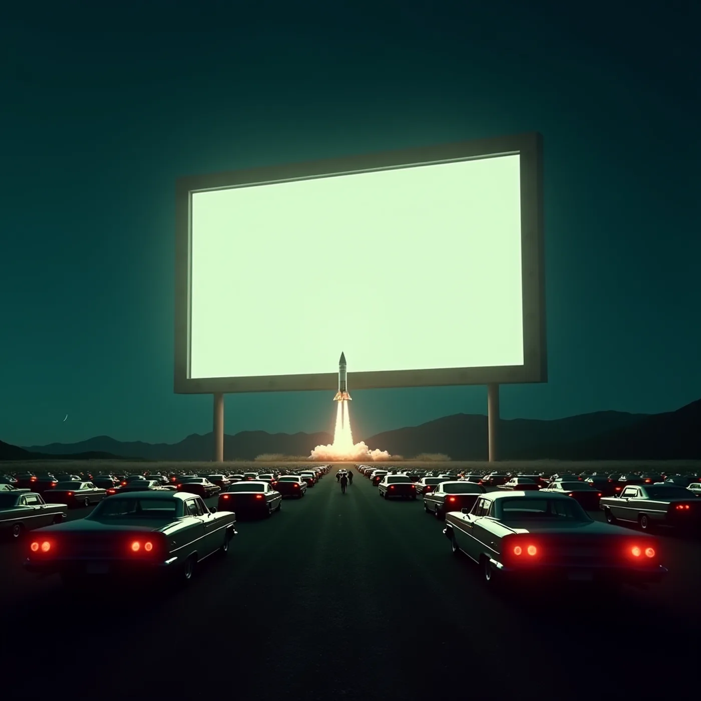 A drive-in at night. A lit screen on two legs over rows of parked cars, a rocket lifting off beyond it.
