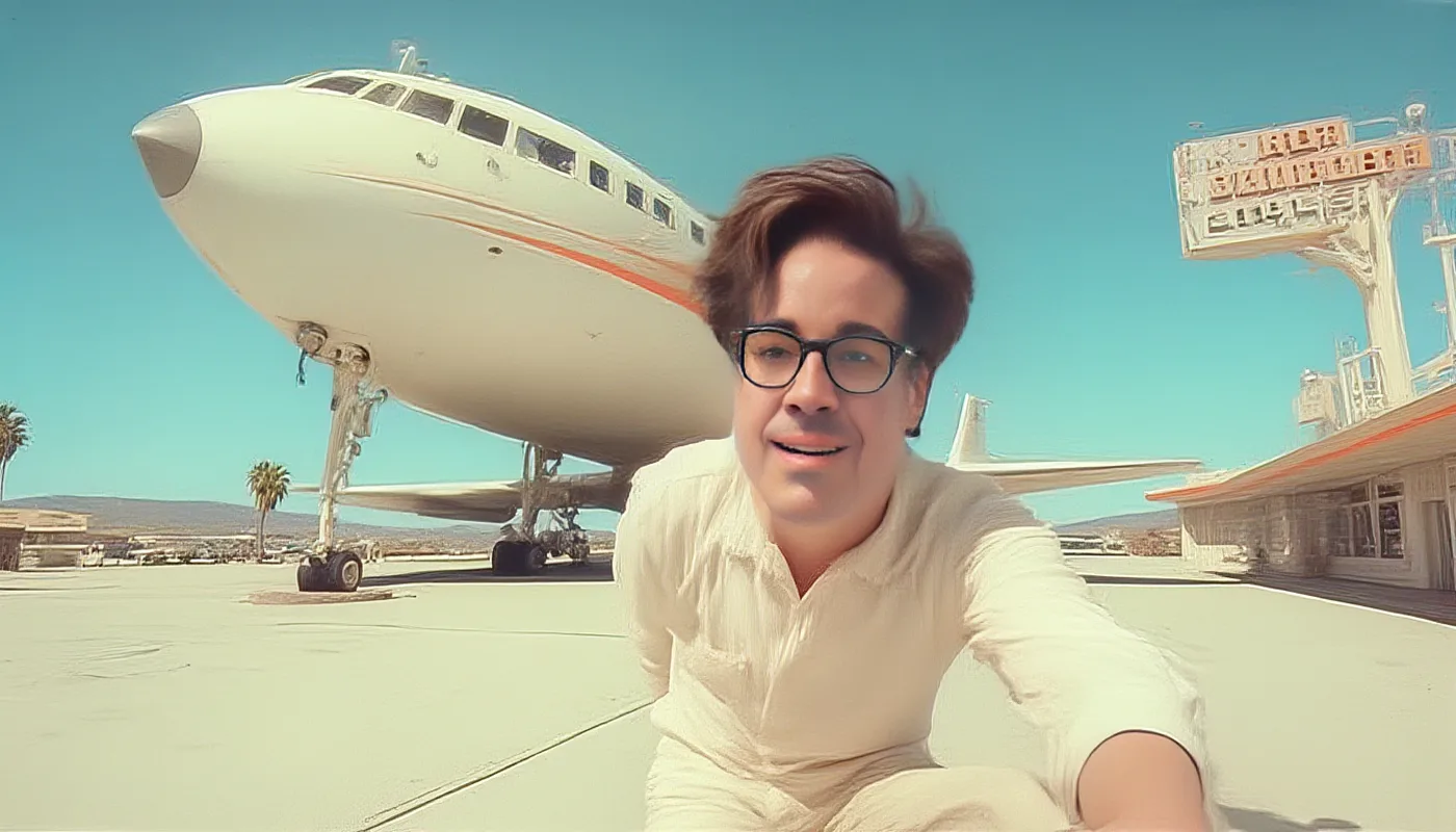Dr Cooper on the tarmac beside a parked airliner